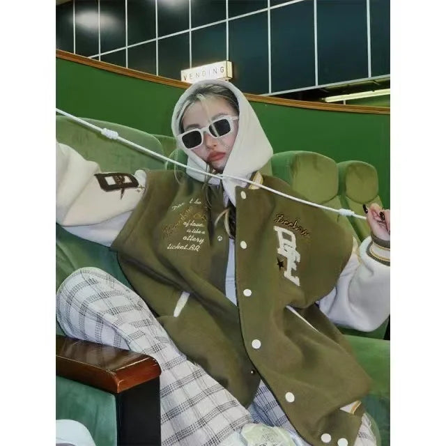 Cralom Flocking Hooded Jacket: Y2K Street Fashion Baseball Style Coat
