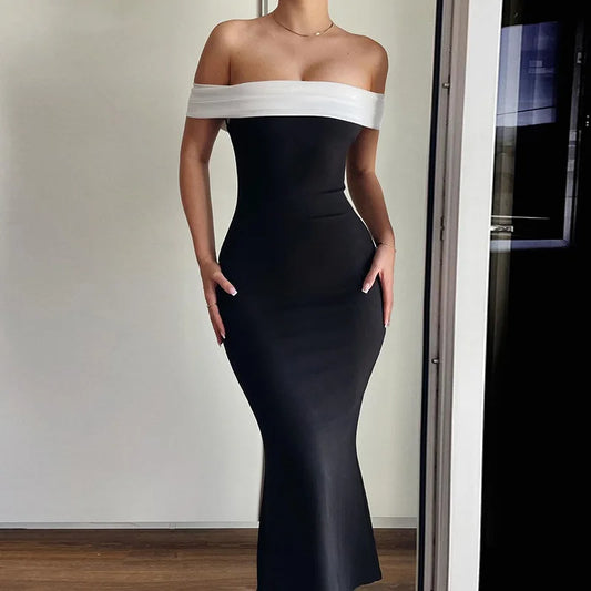 Cralom One-Shoulder Sexy Summer Dress with Contrasting Colors and Slim Fit