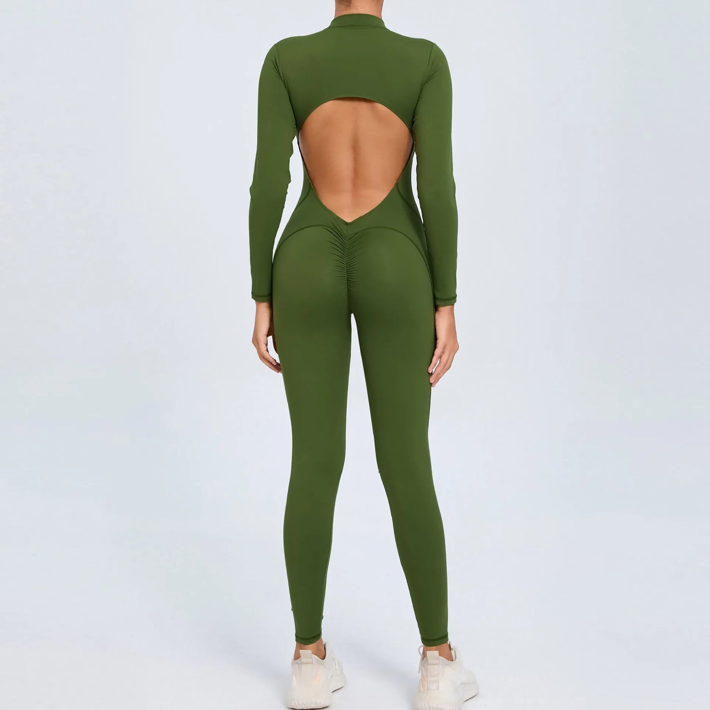 Cralom Seamless Long Sleeve Yoga Bodysuit with Back Cutout & Zipper