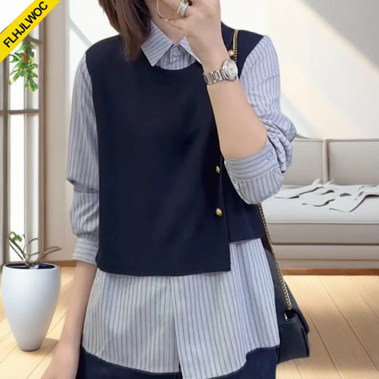 Cralom Striped Office Blouse: Preppy Style Two-Piece Design Shirt Fashion for Women