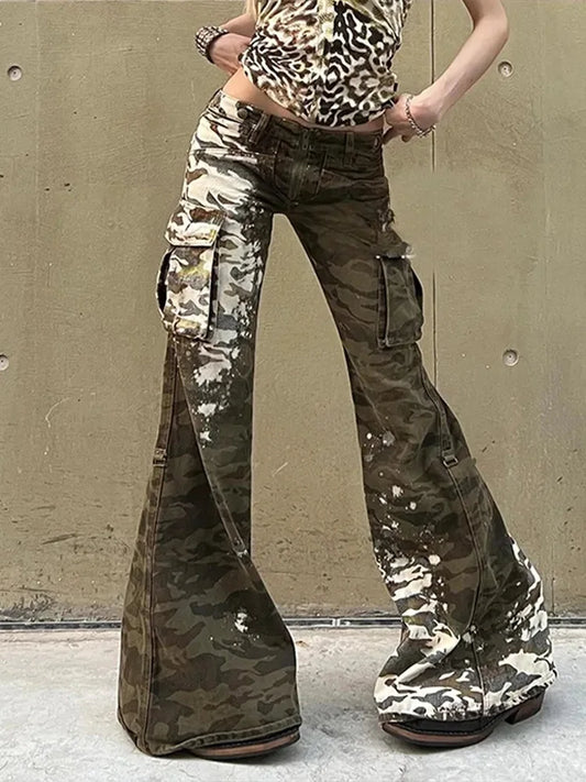 Cralom Vintage Washed Cargo Jeans Women High Waist Loose Straight Pants