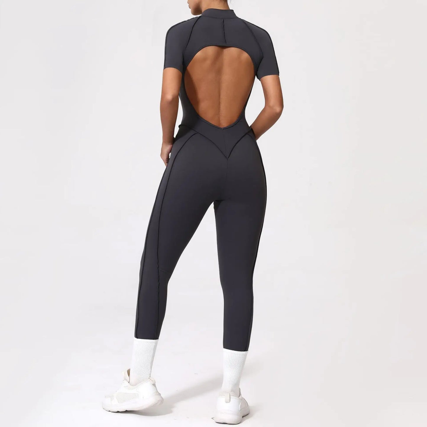 Cralom Women's Zipper Jumpsuit: One-Piece Backless Yoga Set