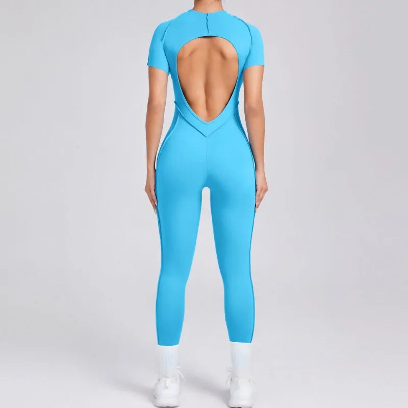 Cralom Seamless Backless Yoga Bodysuit - Short Sleeve Long Pants