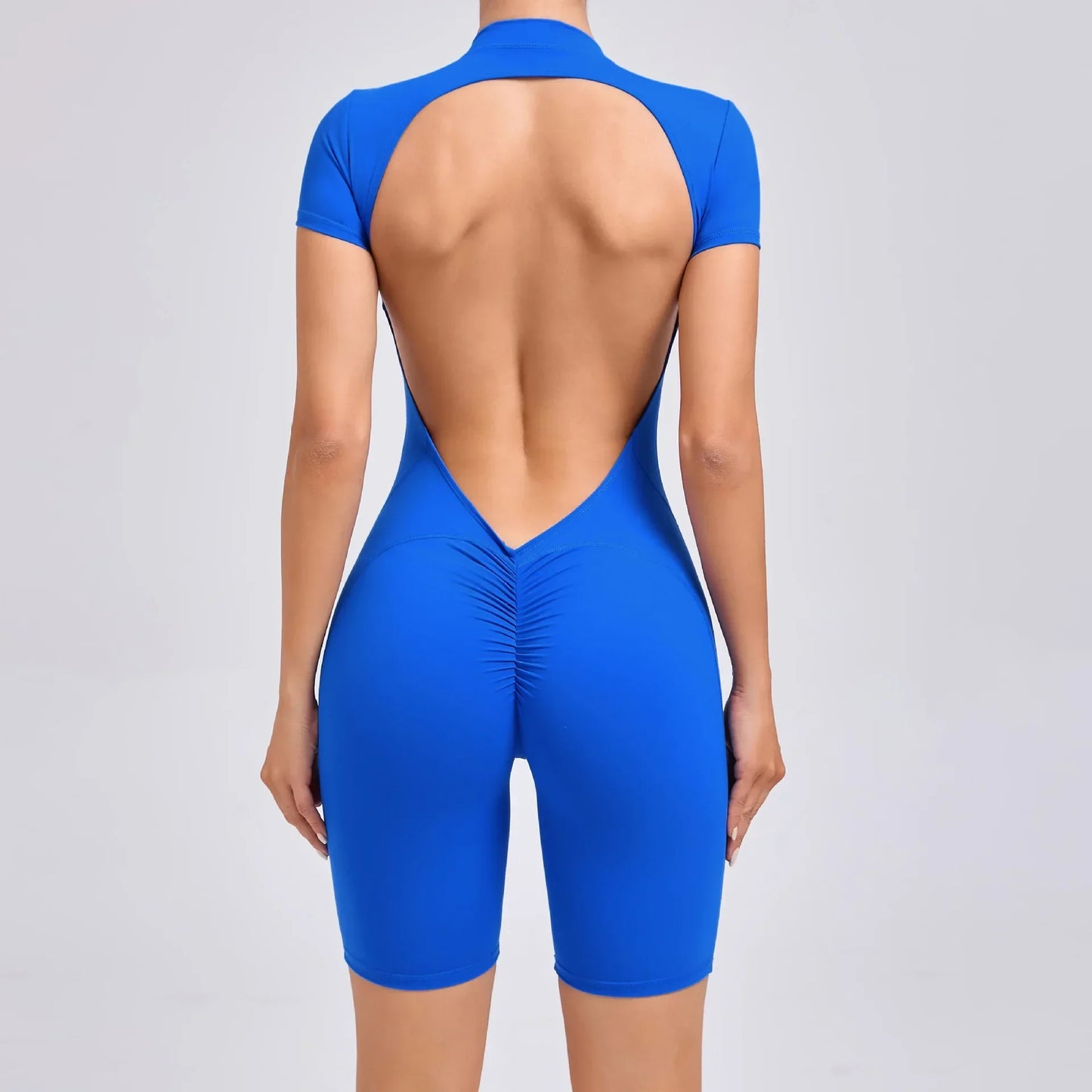 Cralom Backless Zipper Yoga Bodysuit: Short Sleeve Gym Activewear for Running & Workout