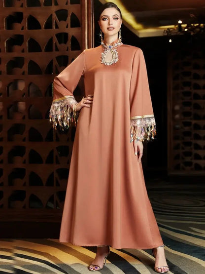 Helyn's Ramadan Eid Satin Abaya Muslim Evening Dress Caftan