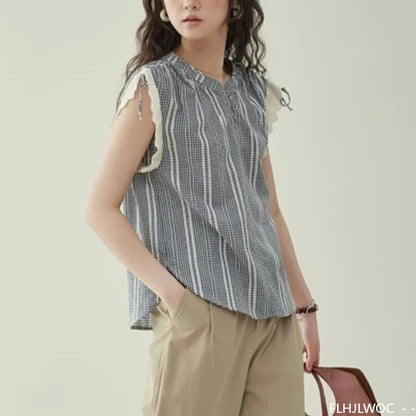 White Lace Sleeveless Plaid Shirt - Cralom Y2K Design Vintage Japan Style Top