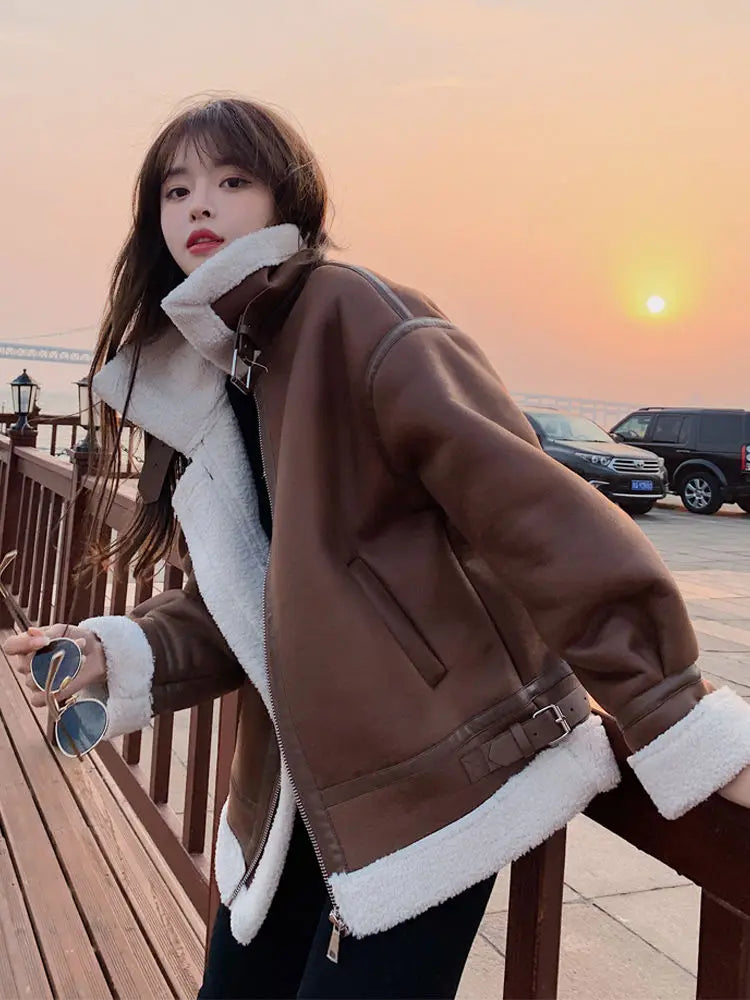 Cralom Winter Lambswool Padded Fur Coat Female Motorcycle Suit