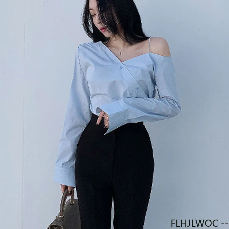 Cralom Button Blue One Shoulder Top: Office Chic Flare Sleeve Blouse