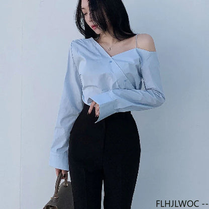 Cralom Button Blue One Shoulder Top: Office Chic Flare Sleeve Blouse