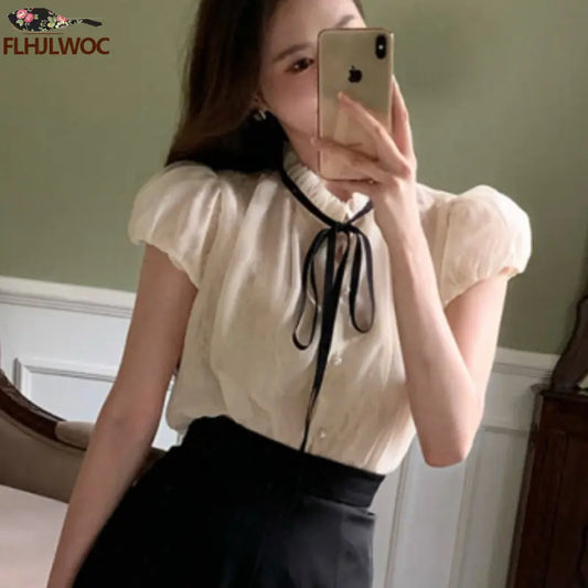 Cralom Elegant Bow Tie Blouse - Short Sleeve Office Wear for Women