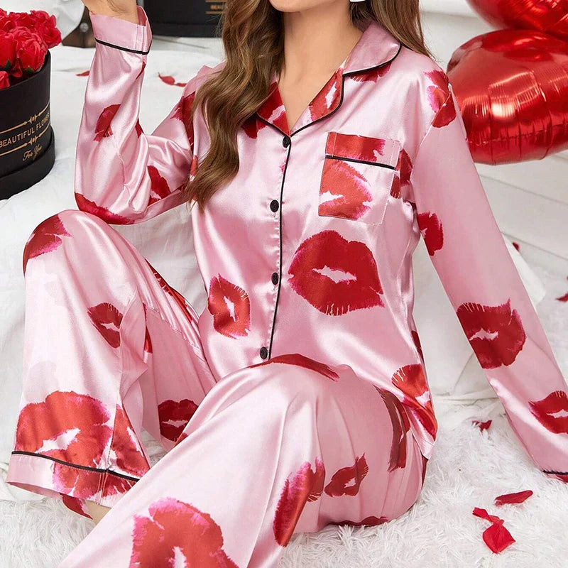 Cralom Red Lip Print Satin Pajama Set with Long Sleeve Top & Pants