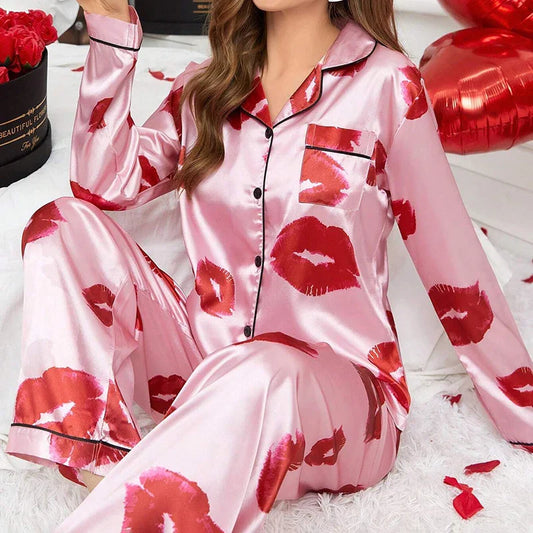 Cralom Red Lip Print Satin Pajama Set with Long Sleeve Top & Pants