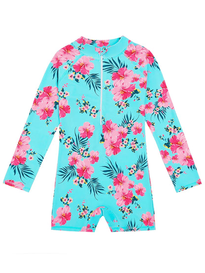 Cralom 3D Floral Print Long Sleeve Girls Swimsuit