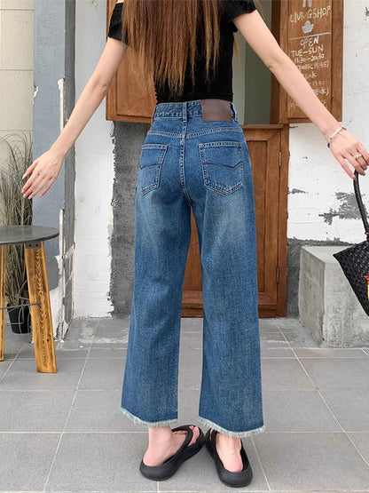 Cralom Vintage Washed Blue High Waist Loose Straight Jeans