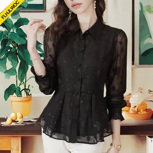 Cralom Black Button Peplum Blouse - Office Chic, Vintage Style for Women