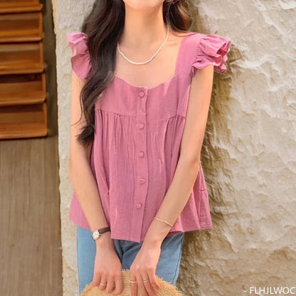 Cralom Ruffled Blouse: Retro Chic Single-Breasted Shirt for Girls