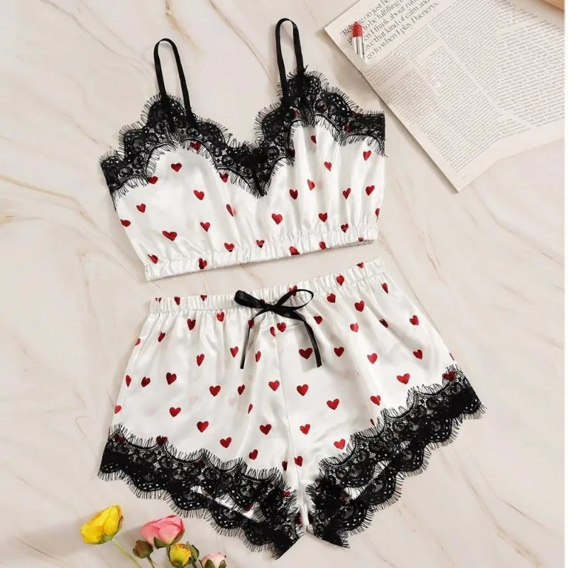 Cralom Women's Silk Pajama Set: Ice Silk Nightwear with Suspender Nightdress, Summer Homewear in Stylish Print