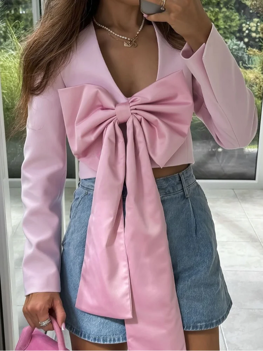 Cralom Patchwork Short Coat Deep V-Neck Long Sleeve Cropped Jacket