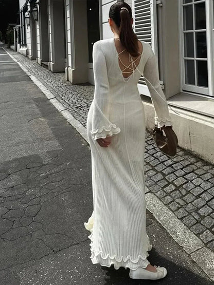 Cralom Elegant V-Neck Knitted Maxi Dress with Ruffles & Pleats