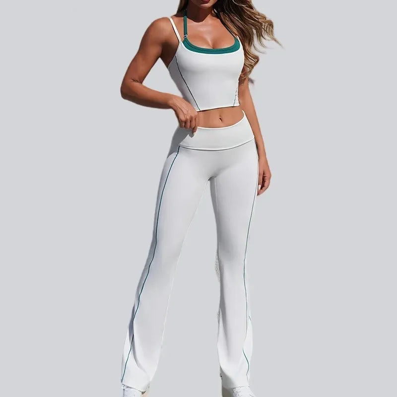 Cralom Seamless Yoga Set: Halter Top & Quick-Dry Flare Shorts - Gym Fitness Outfit