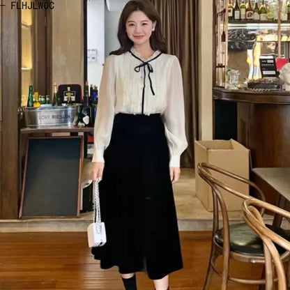 Cralom Lace Ruffled Ribbon Tops with Bow Tie/Button, Elegant Blouses