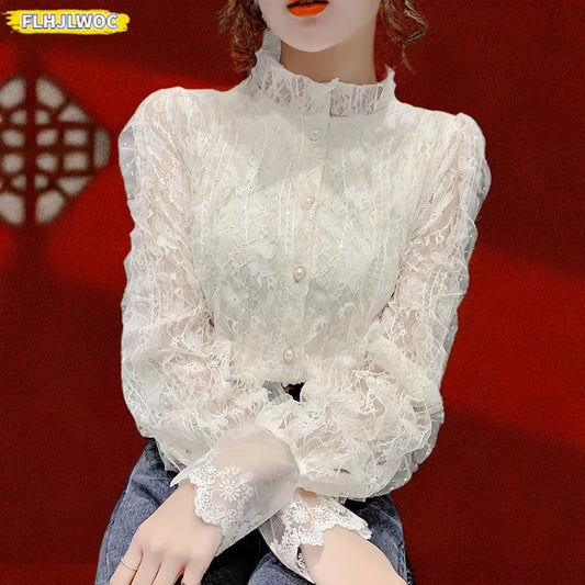 Cralom Women's Lace Ruffled White Turtleneck Blouse Elegant Office Lady Chic Top
