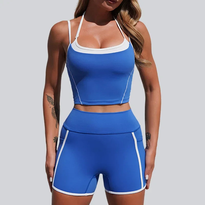 Cralom Seamless Yoga Set: Halter Top & Quick-Dry Flare Shorts - Gym Fitness Outfit