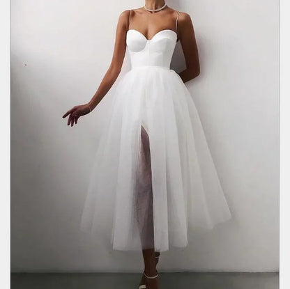 Cralom Off-Shoulder Tulle Tutu A-Line Dress Solid Color Mesh Vestido Dress