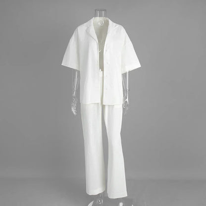 Cralom 2025 Summer Casual Cotton 2-Piece Set: Short-Sleeved Shirt & Loose Pants