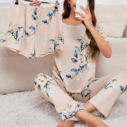 Cralom Heart Print Pajama Set for Women: Tee, Shorts & Pants Home Sleepwear