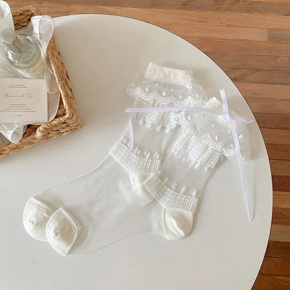 Cralom Lace Mid Tube Socks for Kids in Sweet Polka Dots
