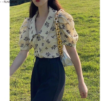 Cralom 2025 Summer Puff Sleeve Floral Print Vintage Shirts