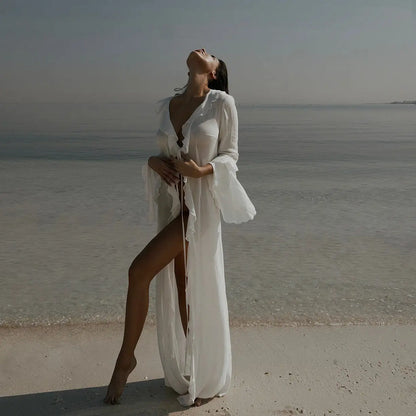 Cralom Lace Long Sleeve Cardigan - Solid Color Fashion Cover for Beach and Bikini