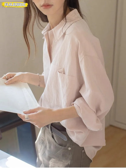 Cralom Retro Vintage Button-Up Blouse_Long Sleeve Loose Fit Boyfriend Style