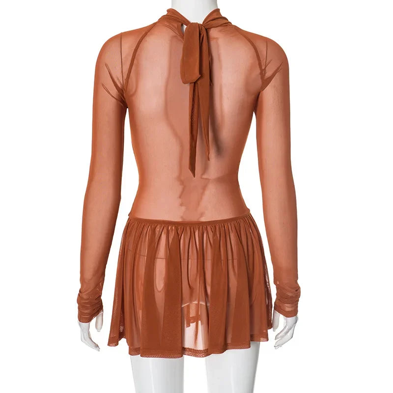 Cralom Long Sleeve Mesh Bodycon Mini Dress - Sexy Evening Night Club Style