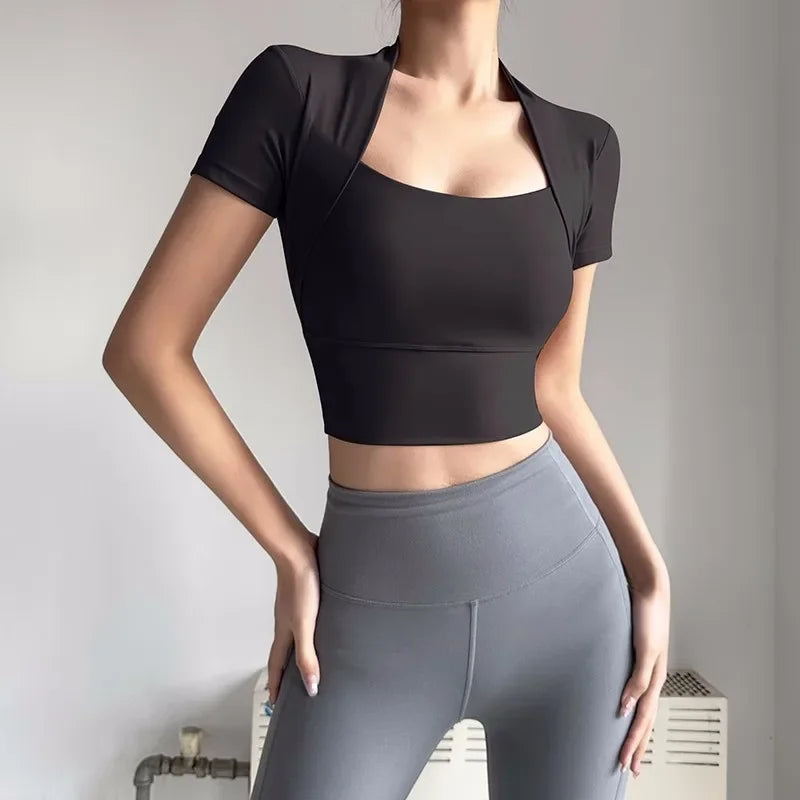 Cralom Women's Short Sleeves Yoga Crop Top - Quick Dry & Shockproof Gym Vest