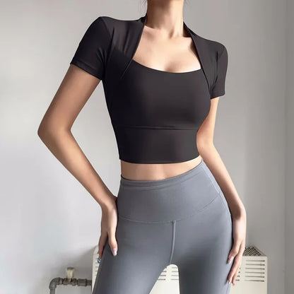 Cralom Women's Short Sleeves Yoga Crop Top - Quick Dry & Shockproof Gym Vest
