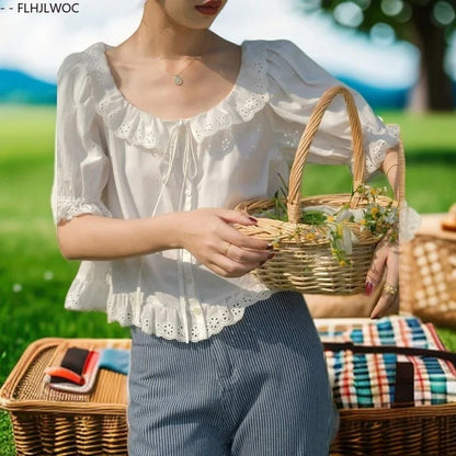 Cralom Ruffled Lace Summer Top - White Short Sleeve Casual Hollow Out Shirt