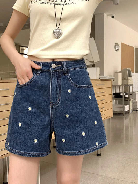 Cralom Vintage Denim Shorts High Waist Wide Leg Pants