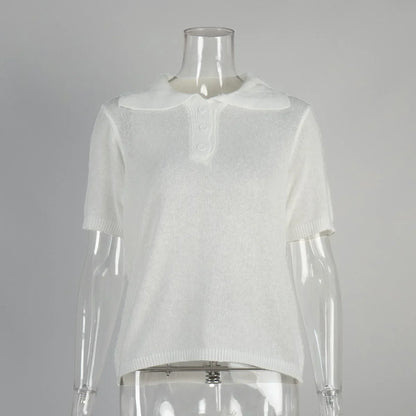 Cralom Summer Knit Polo Bubble Sleeve Sweater for Women