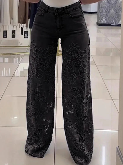 Cralom Streetwear Washed Blue Lace Spliced Jeans Wide Leg Pants