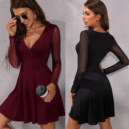 Cralom Women's V-Neck Mesh Long Sleeve Dress Slim Fit Elegant Solid Color