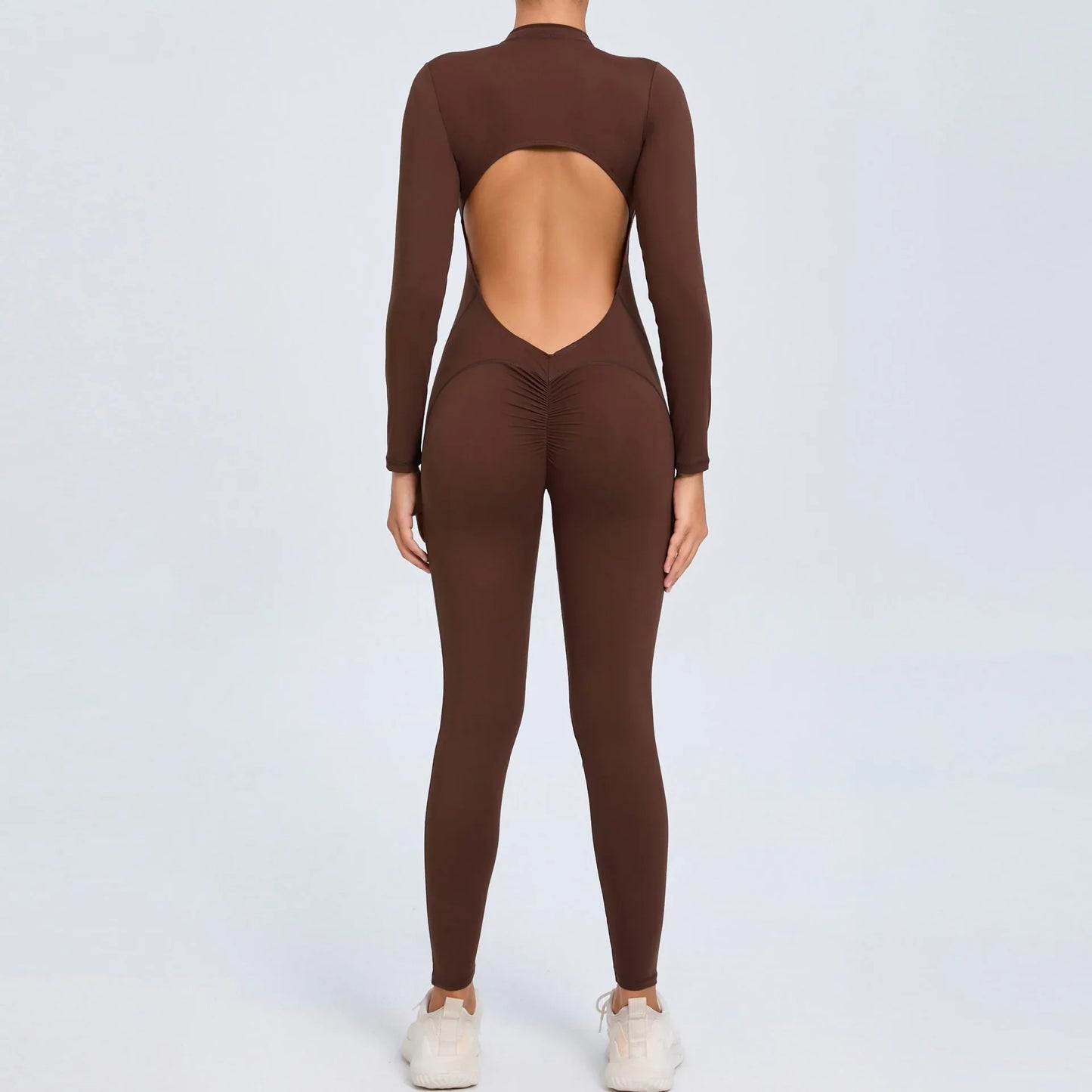 Cralom Seamless Long Sleeve Yoga Bodysuit with Back Cutout & Zipper