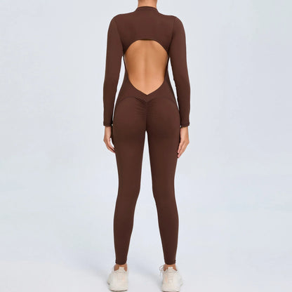 Cralom Seamless Long Sleeve Yoga Bodysuit with Back Cutout & Zipper