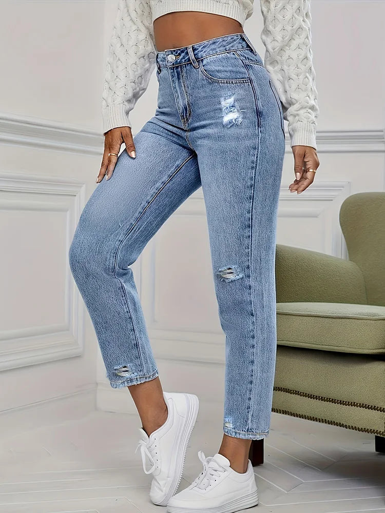 Cralom High Waist Distressed Blue Jeans Women's Streetwear Slim Fit Pencil Pants