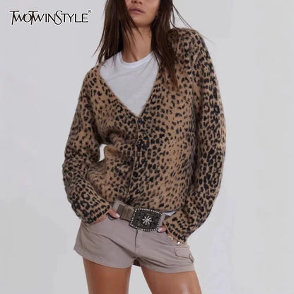 Cralom Leopard Print V Neck Cardigan Slim Fit Long Sleeve Coat Women's Fashion