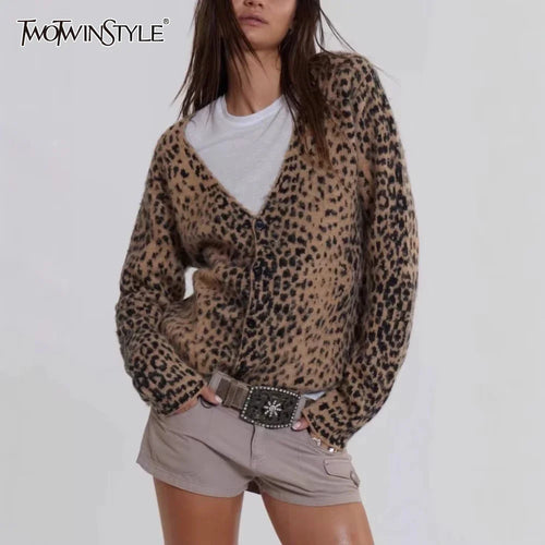 Cralom Leopard Print V Neck Cardigan Slim Fit Long Sleeve Coat Women's Fashion