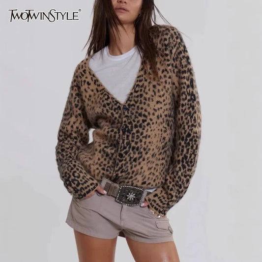 Cralom Leopard Print V Neck Cardigan Slim Fit Long Sleeve Coat Women's Fashion