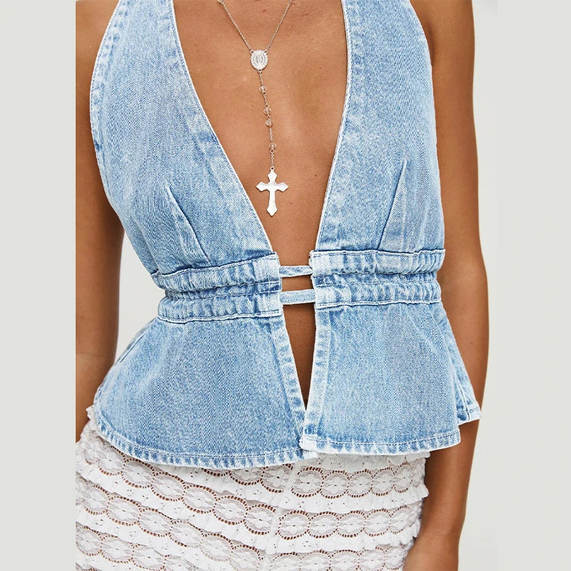 Cralom Lace-Up Denim Halter Vest for Women Summer 2025