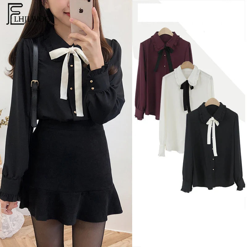 Cute Preppy Style Chiffon Blouse Girls Bow Tie Shirt Peter Pan Collar Top by Cralom